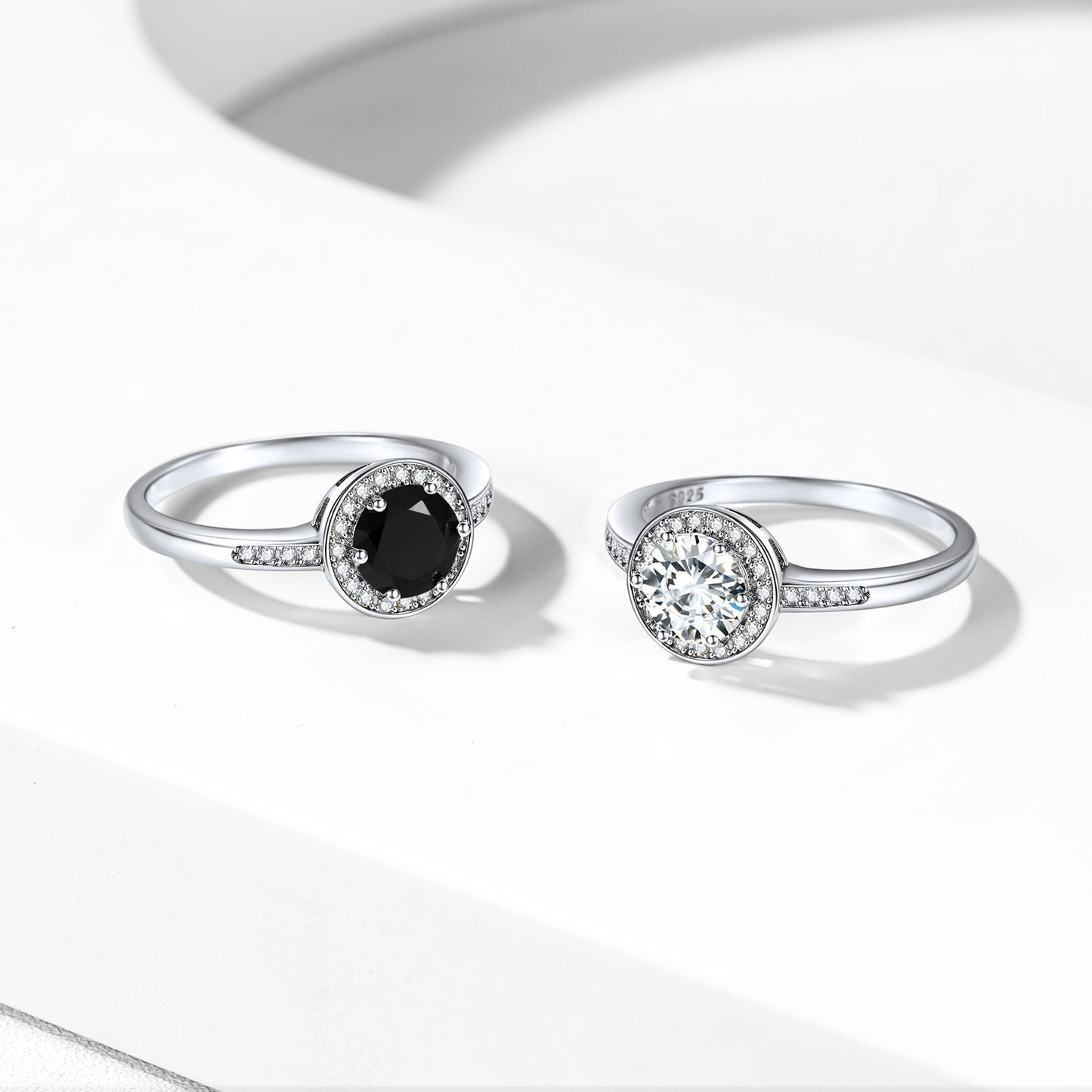 Sterling Silver Black Cubic Zirconia Round Halo Gemstone Rings