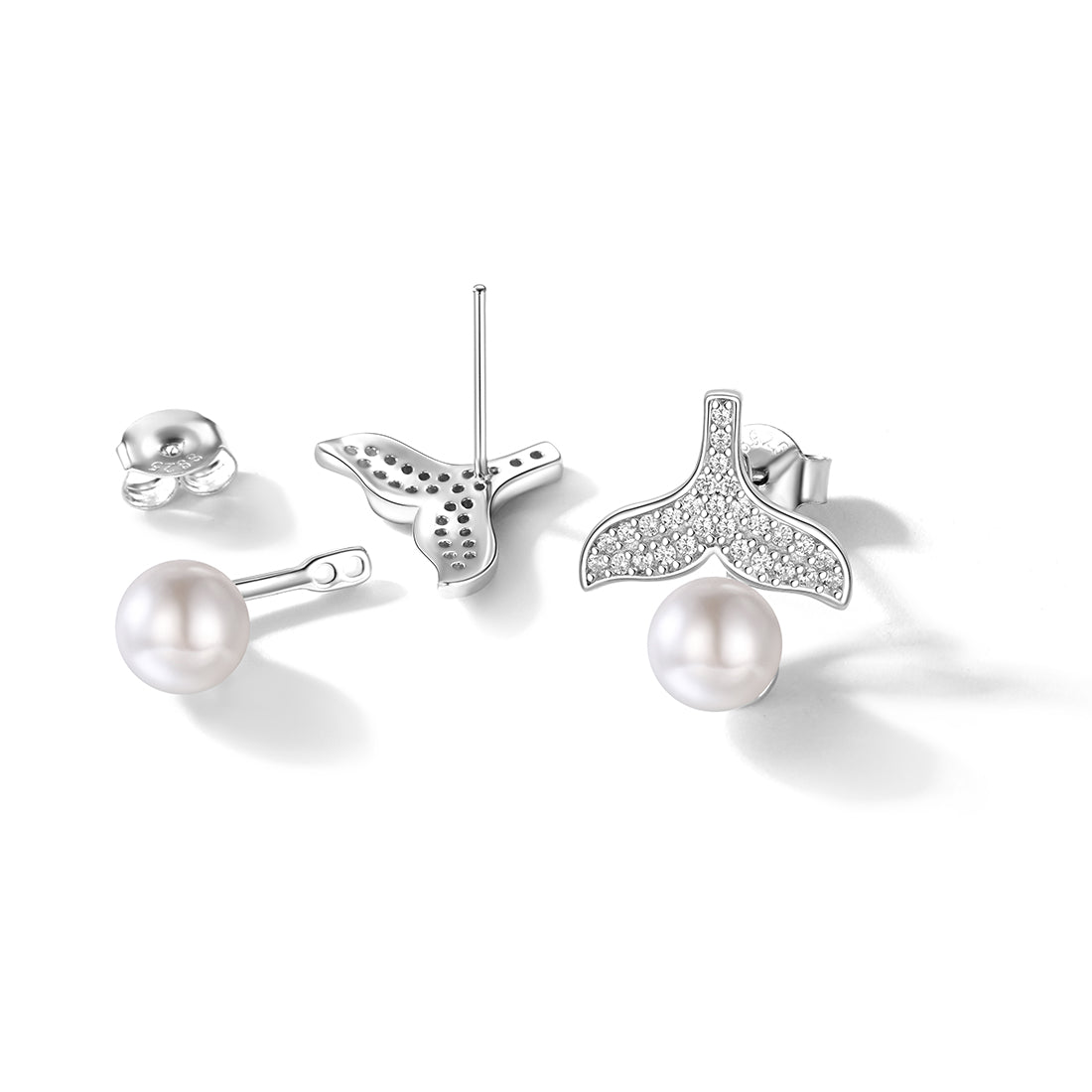 Boucles d'oreilles à tige en forme de queue de dauphin et de perles en zircone cubique, en argent sterling