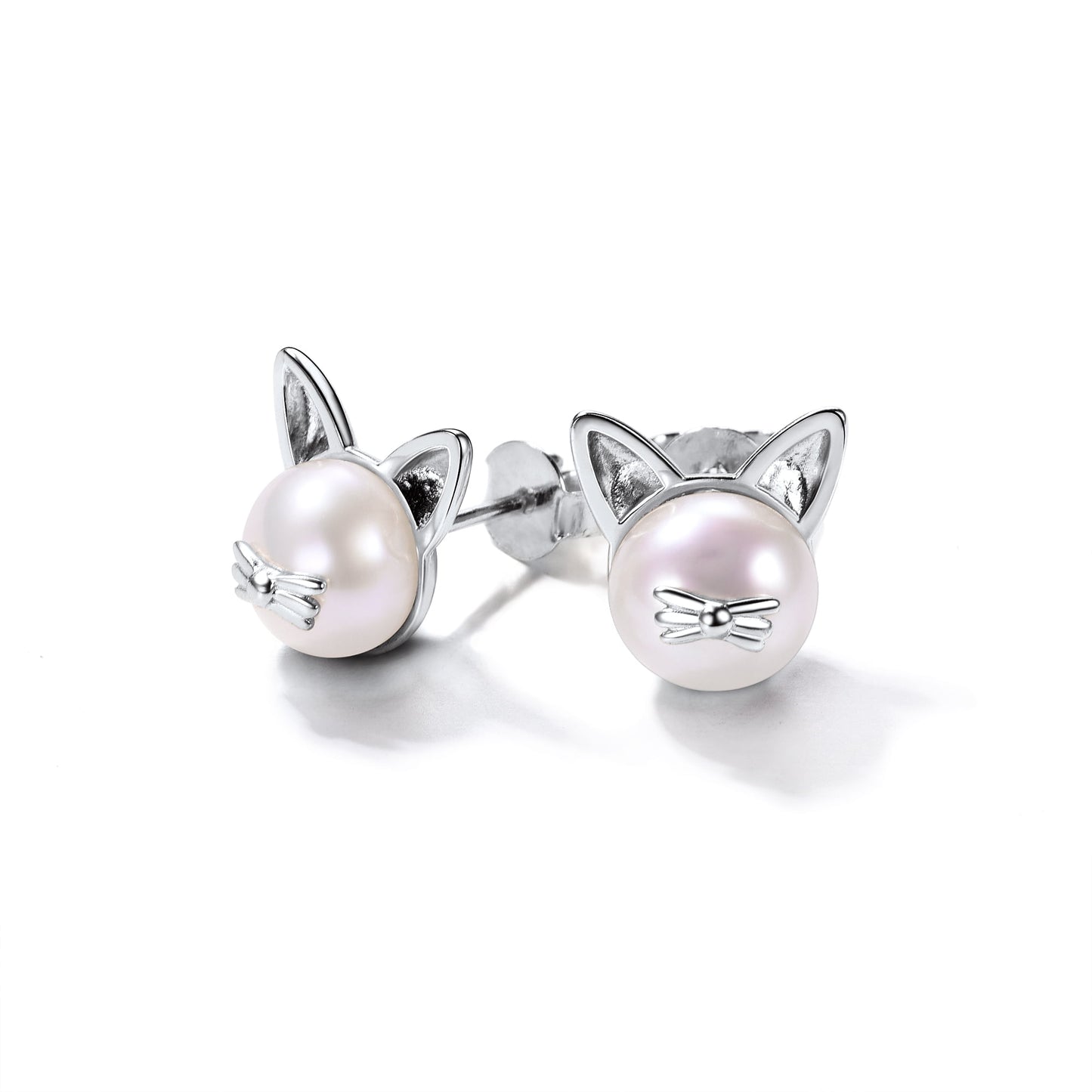 Sterling Silver Cute Kitty Cat Pearl Stud Earrings