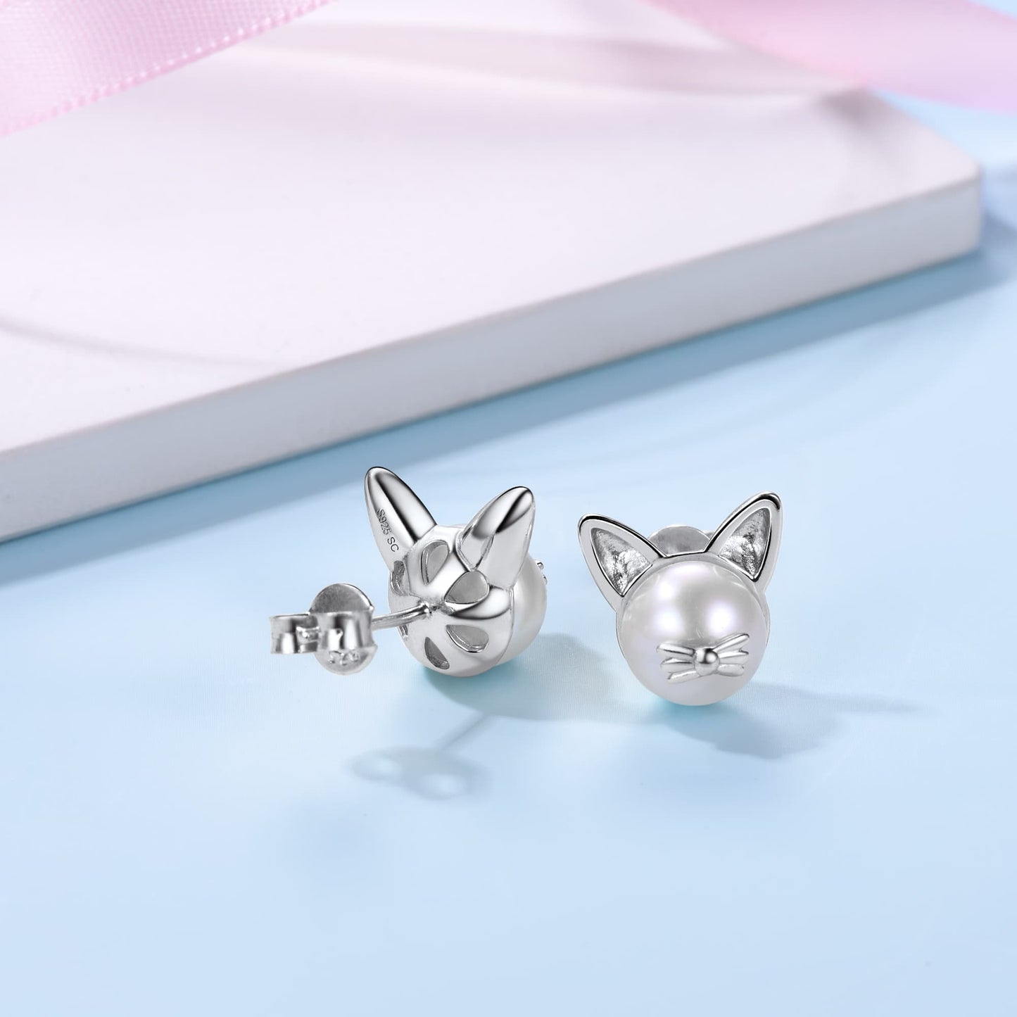 Sterling Silver Cute Kitty Cat Pearl Stud Earrings