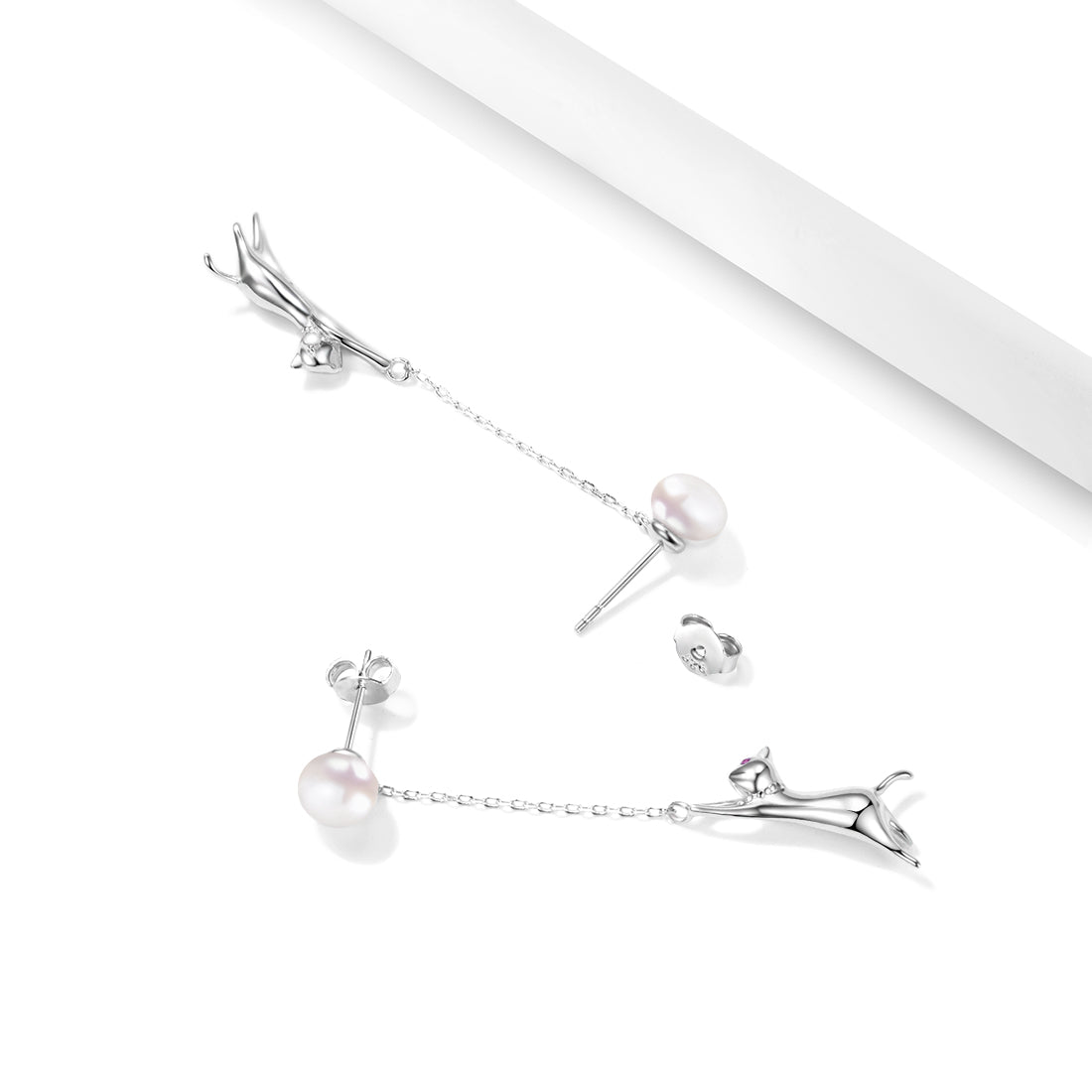 Boucles d'oreilles pendantes en argent sterling avec perles et chat pour femme