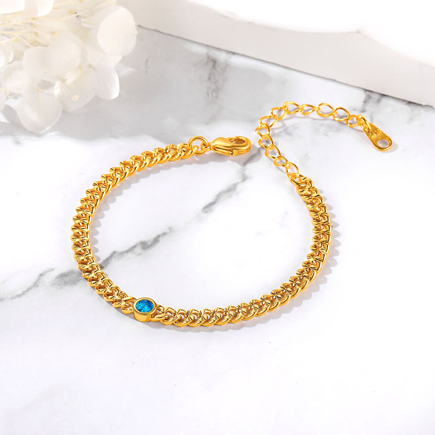 Gold Chain Birthstone Cuban Link Bracelet For Women