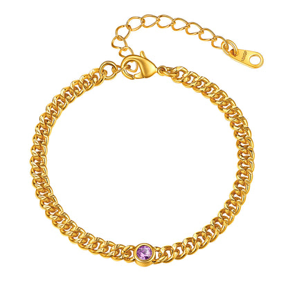 Gold Chain Birthstone Cuban Link Bracelet For Women