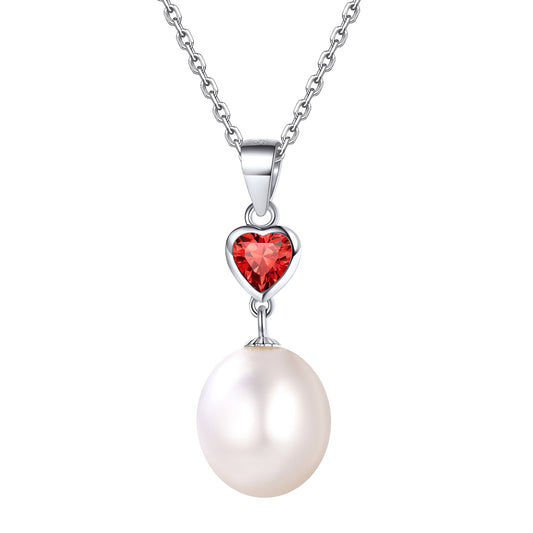 Sterling Silver Heart Birthstone Pearl Pendant Necklace