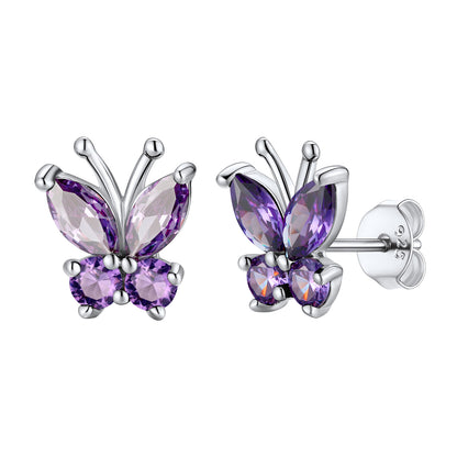 February Birthstone Butterfly Stud Earrings on whiite background