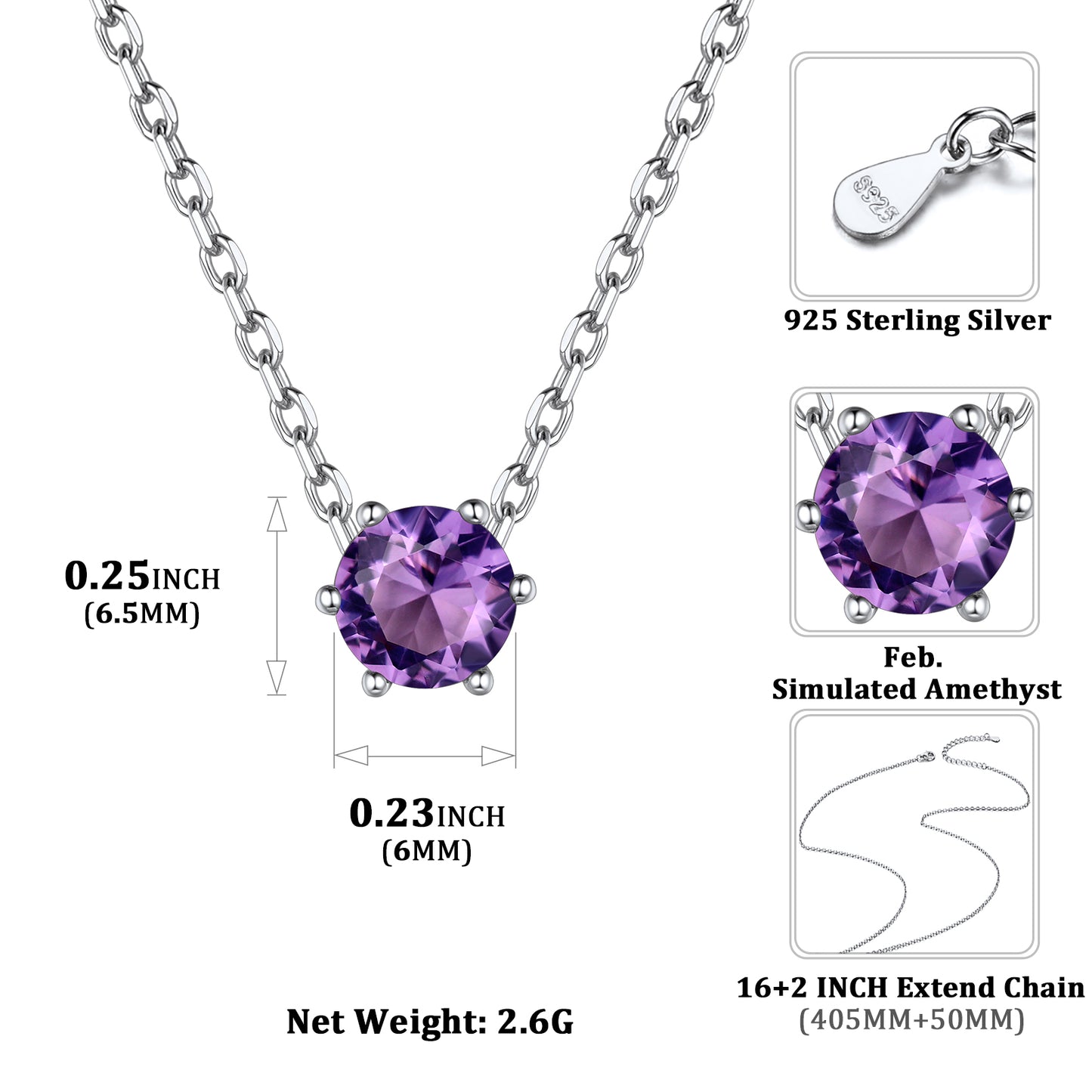 February Birthstone Dimension, Detail, 925 sterling Silver, hypoallergenic