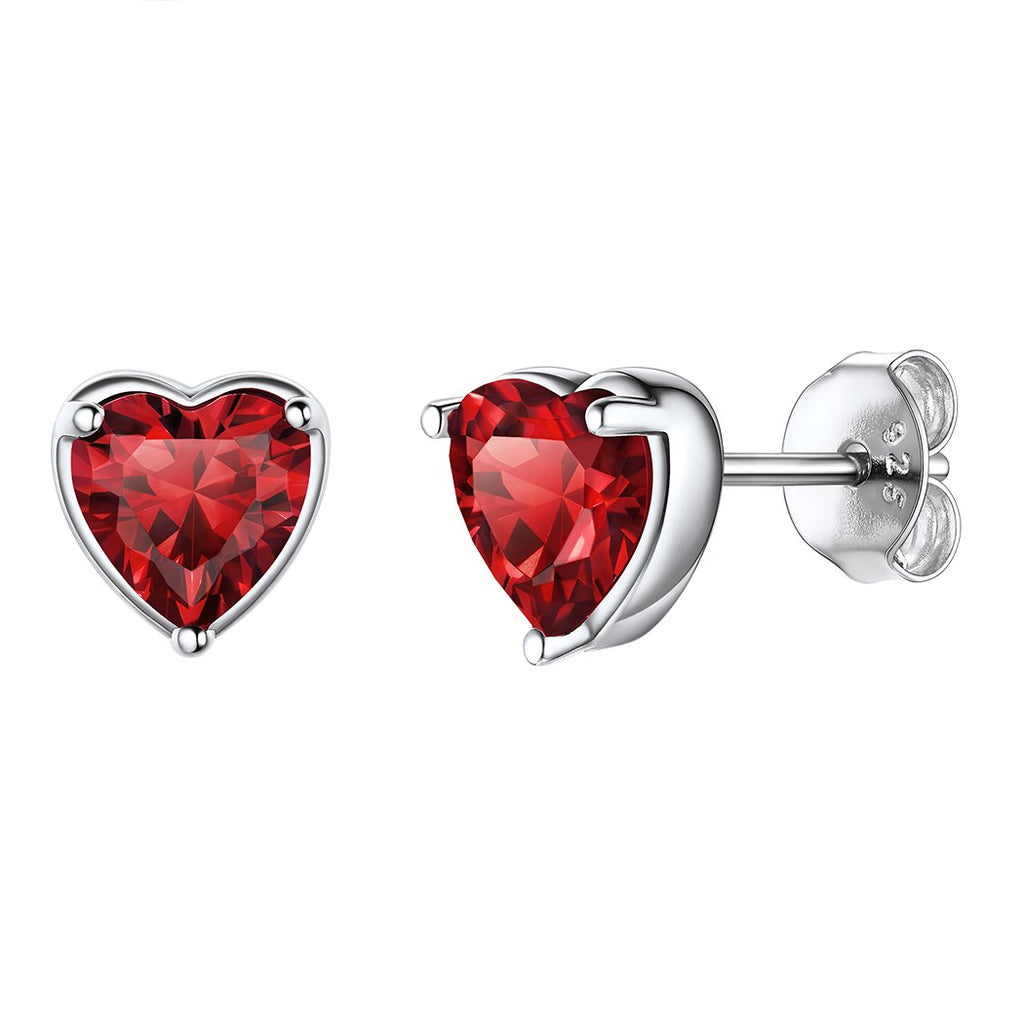 Sterling Silver January Garnet Stud Earrings Women Heart Shape Birthstone BIRTHSTONES JEWELRY