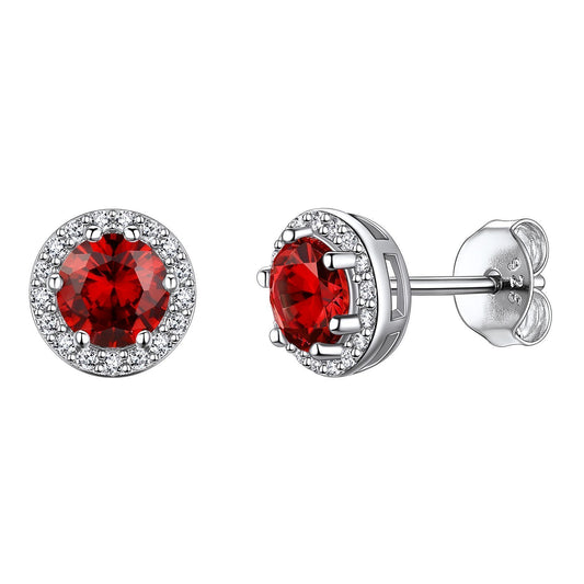 Halo July Birthstone Ruby Stud Earrings Sterling Silver BIRTHSTONES JEWELRY
