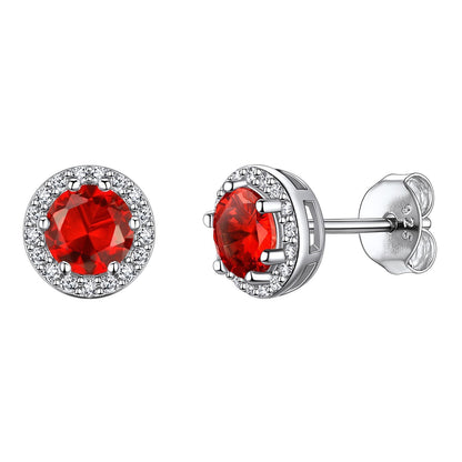 Halo July Birthstone Ruby Stud Earrings Sterling Silver BIRTHSTONES JEWELRY