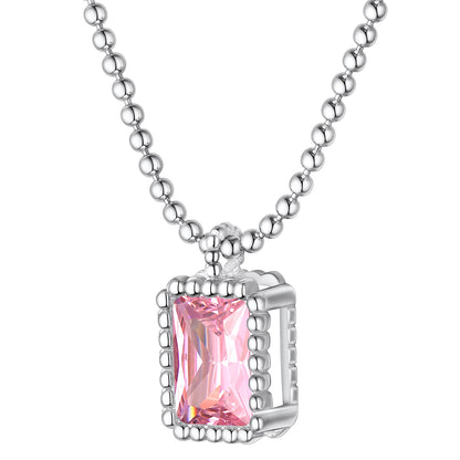 Sterling Silver Birthstone Square Sparkle Halo Necklace With Bead Chain