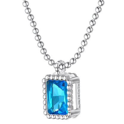 Sterling Silver Birthstone Square Sparkle Halo Necklace With Bead Chain