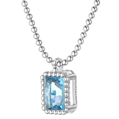 Sterling Silver Birthstone Square Sparkle Halo Necklace With Bead Chain