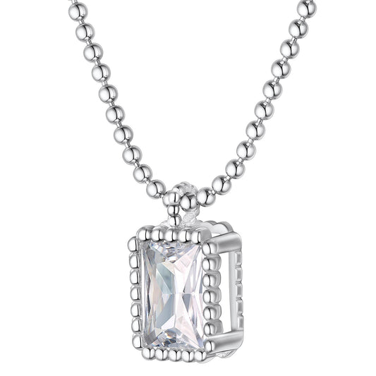 Sterling Silver Birthstone Square Sparkle Halo Necklace With Bead Chain