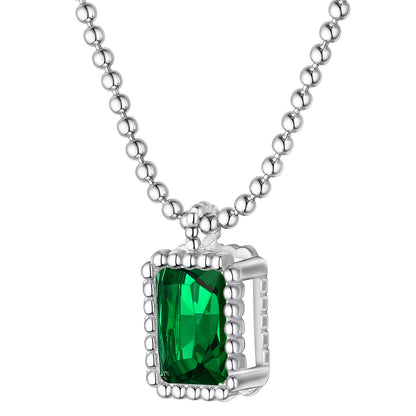 Sterling Silver Birthstone Square Sparkle Halo Necklace With Bead Chain