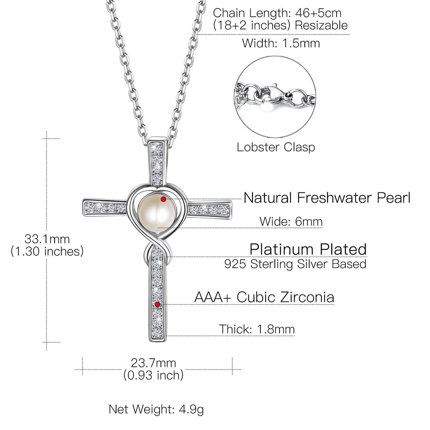 Sterling Silver Cubic Zirconia Cross Pearl Pendant Necklace