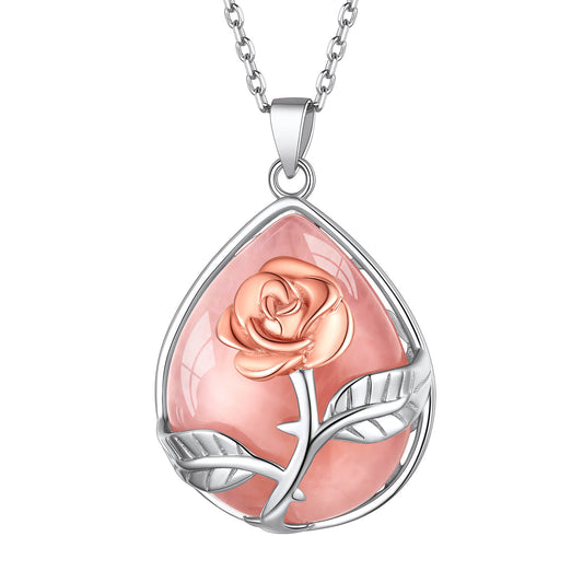 ⚡Flash Sale Sterling Silver Rose Flower Waterdrop Healing Crystal Necklace