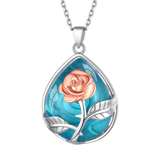 Collier en argent sterling avec fleur de rose et goutte d'eau en cristal de guérison