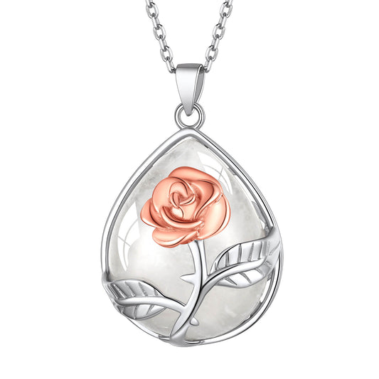 ⚡Flash Sale Sterling Silver Rose Flower Waterdrop Healing Crystal Necklace
