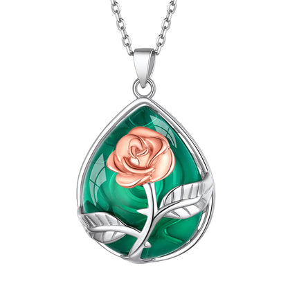 Sterling Silver Rose Flower Waterdrop Healing Crystal Necklace