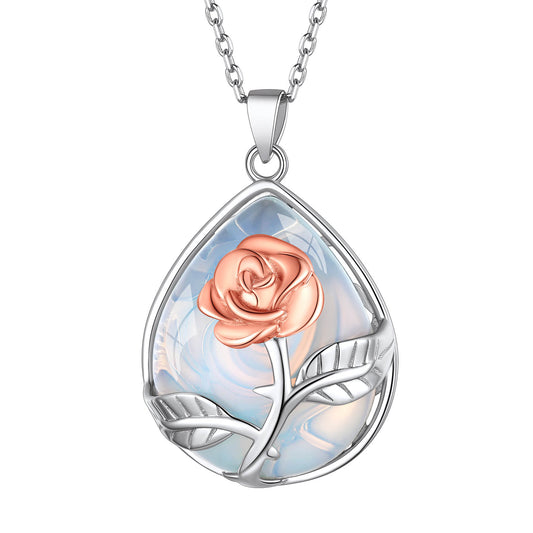 ⚡Flash Sale Sterling Silver Rose Flower Waterdrop Healing Crystal Necklace