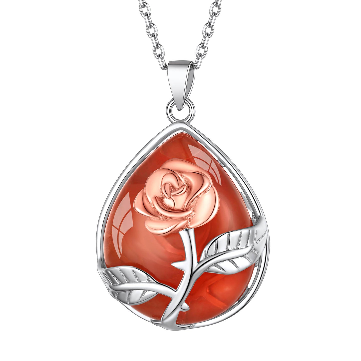Sterling Silver Rose Flower Waterdrop Healing Crystal Necklace