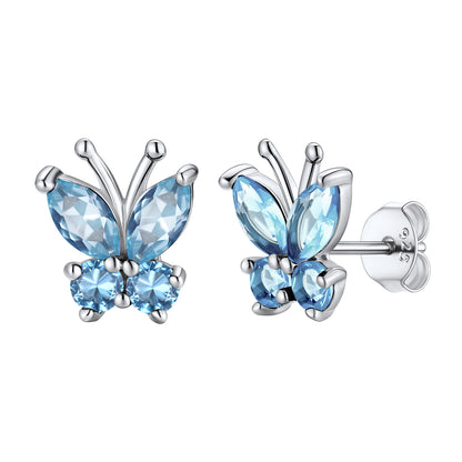 March Birthstone Butterfly Stud Earrings on whiite background