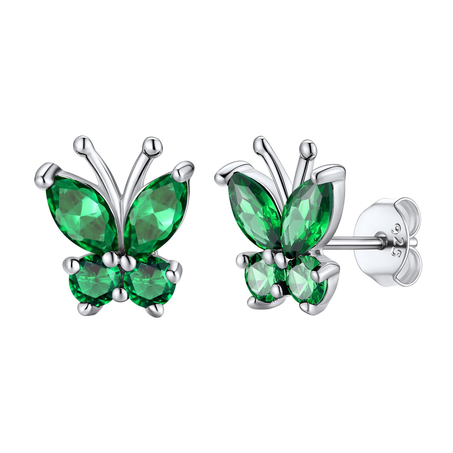 May Birthstone Butterfly Stud Earrings on whiite background