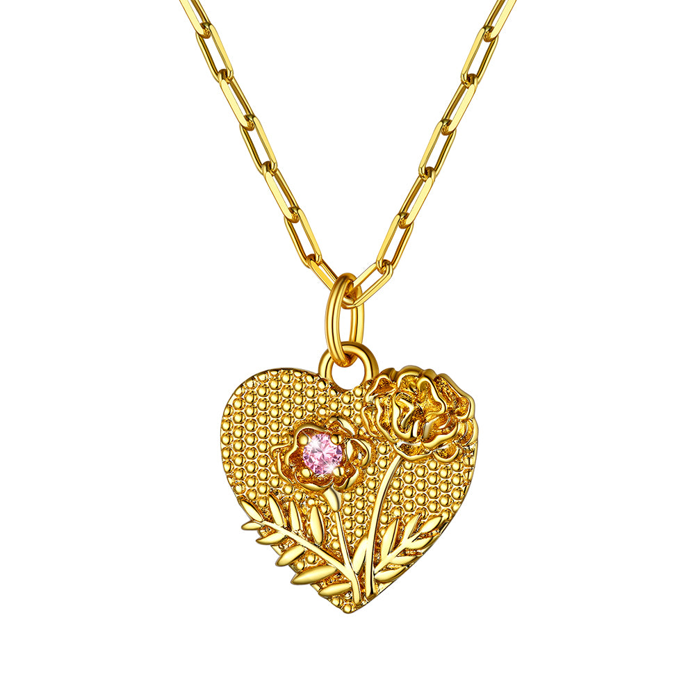 Birth Month Flower Heart Necklace With birthstone