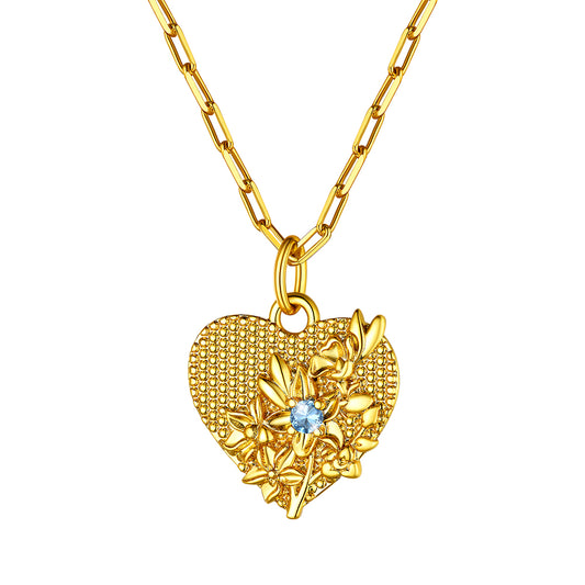 Collier cœur avec pierre de naissance et fleur pour femme