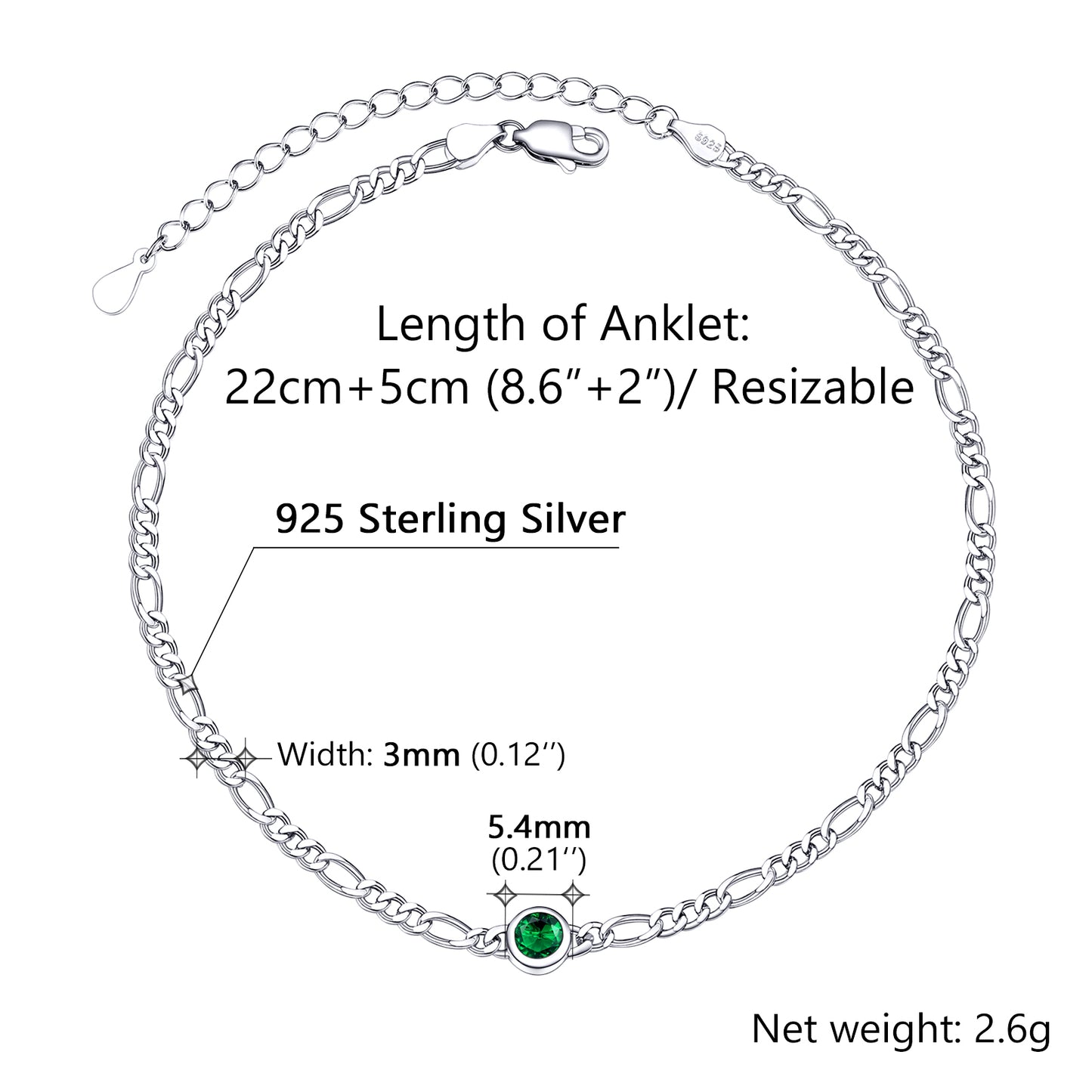 Birthstone Anklet Sterling Silver Figaro Chain Anklet