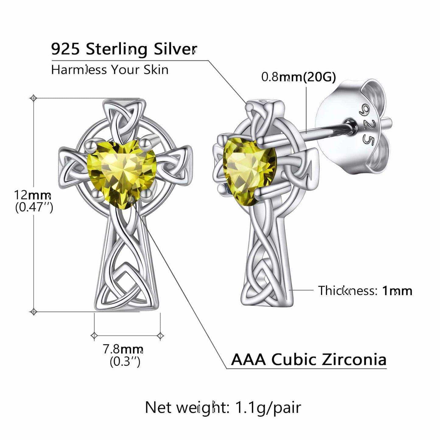 Sterling Silver Celtic Knot Cross Birthstone Stud Earrings