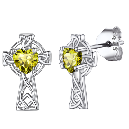 925 Sterling Silver Celtic Knot Cross Birthstone Stud Earrings