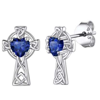 925 Sterling Silver Celtic Knot Cross Birthstone Stud Earrings