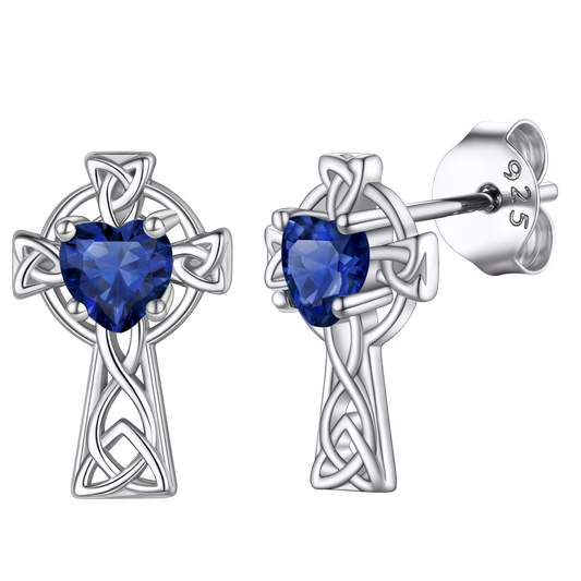 925 Sterling Silver Celtic Knot Cross Birthstone Stud Earrings