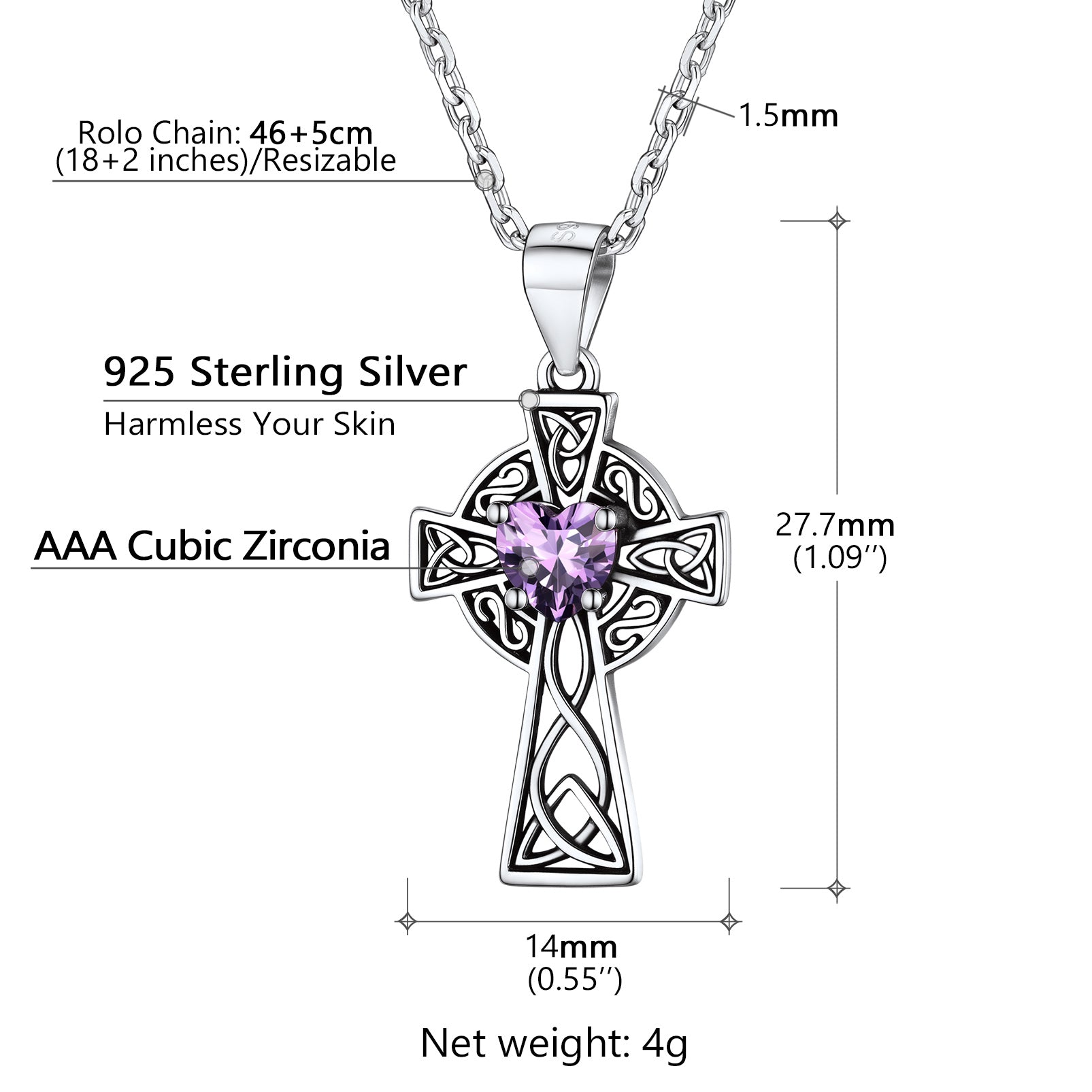 Sterling Silver Heart Birthstone Celtic Knot Cross Necklace