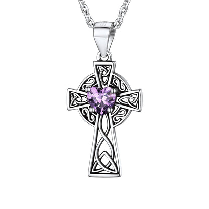 Sterling Silver Celtic Cross Necklace with February Amethyst Birthstone BIRTHSTONES JEWELRY