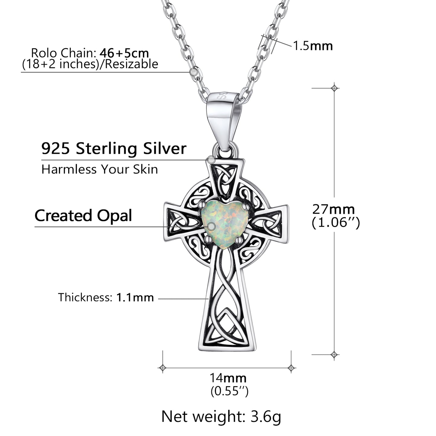 Sterling Silver Heart Opal Celtic Knot Cross Necklace