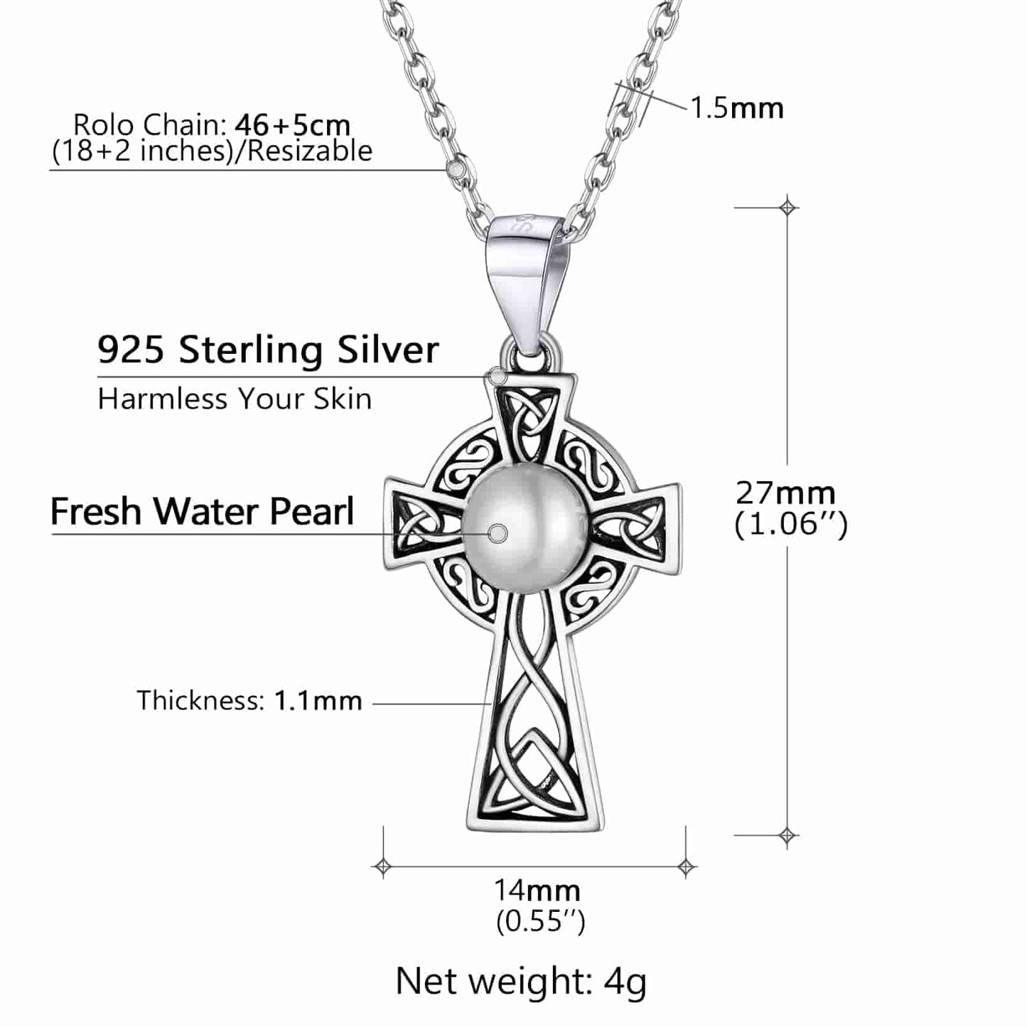 Collier de perles en forme de croix avec nœud celtique en argent sterling