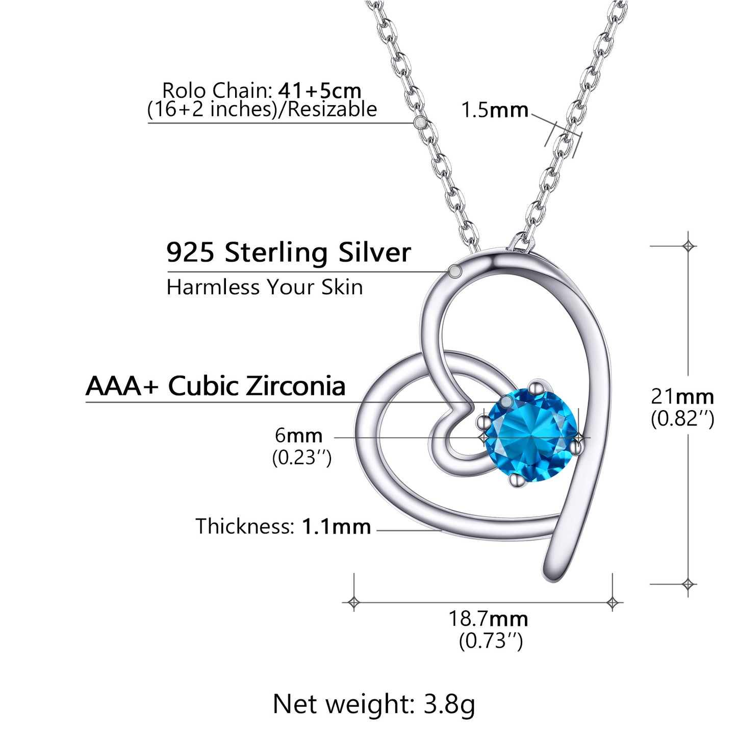 Sterling Silver Birthstone Heart Necklace For Women