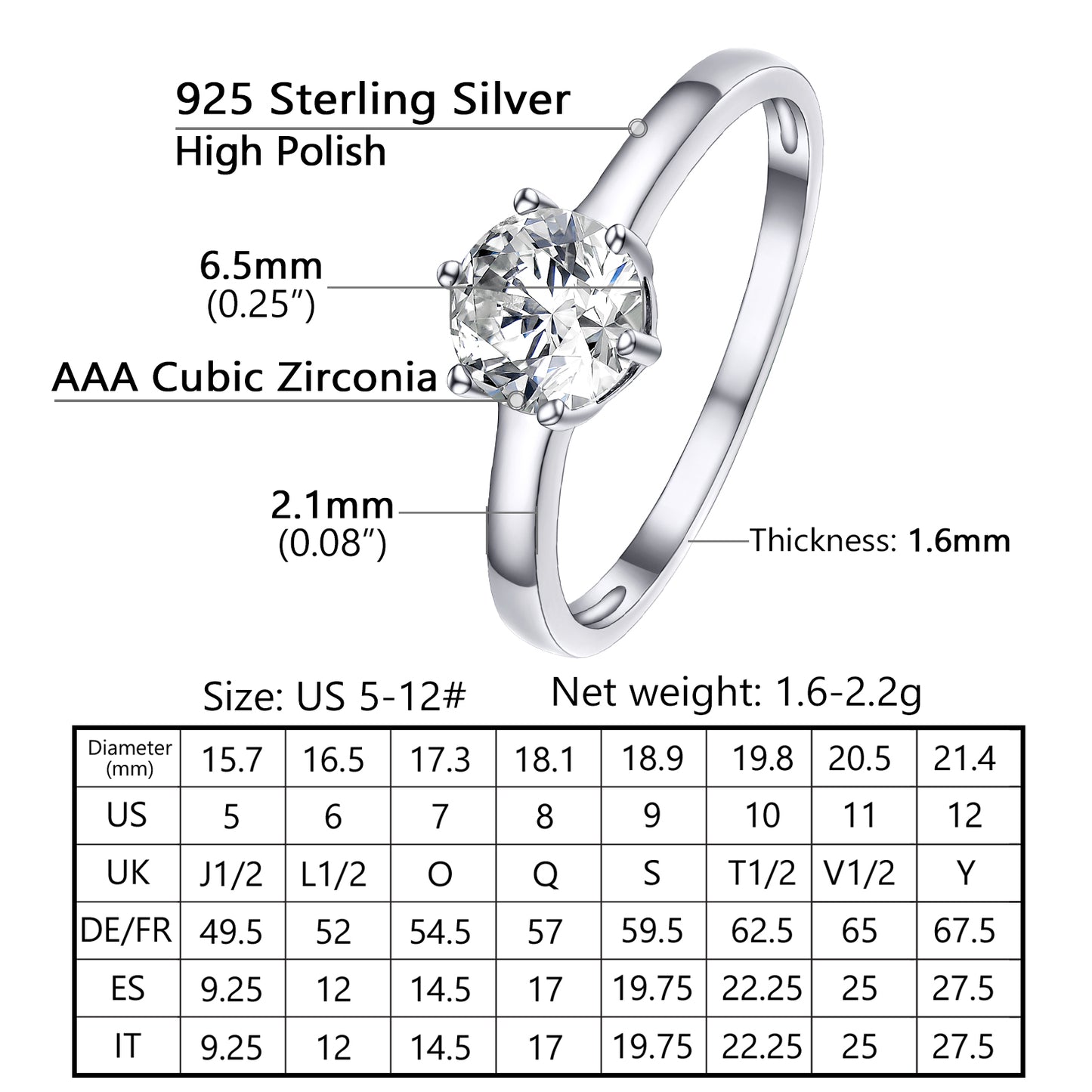 Sterling Silver 1 Carat Round Cubic Zirconia Engagement Ring