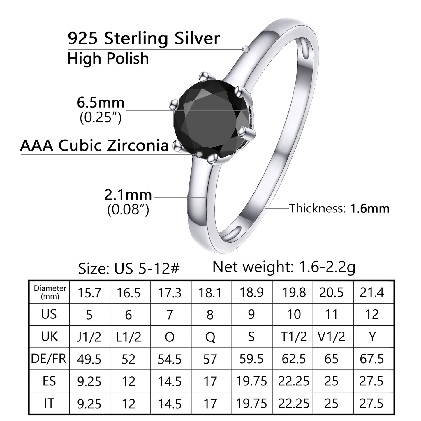 Sterling Silver 1 Carat Black Cubic Zirconia Solitaire Engagement Ring