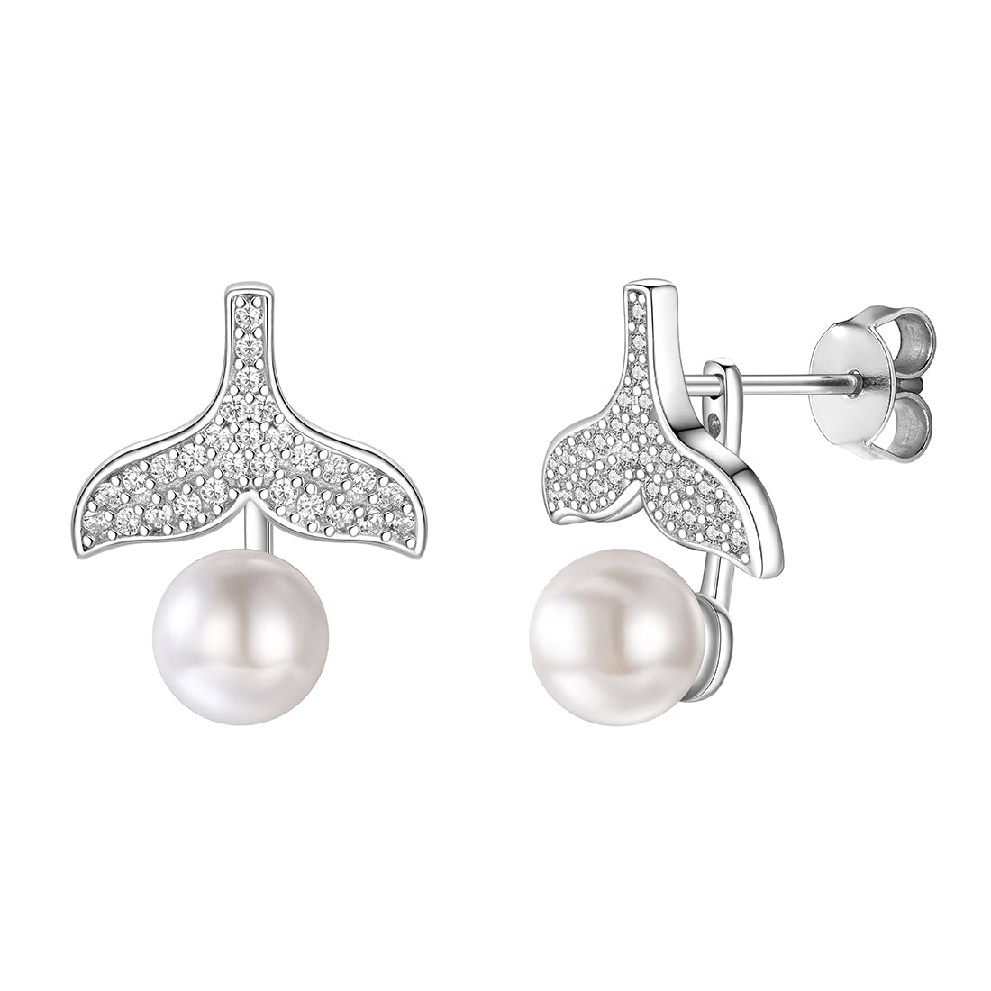 Cubic Zirconia Dolphin Tail Pearl Stud Earrings Sterling Silver