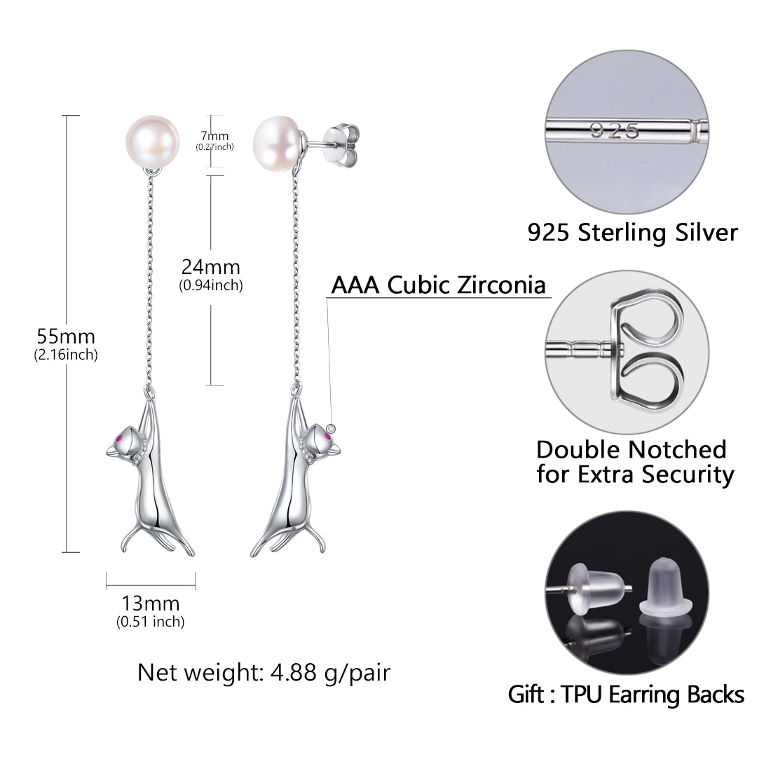 Sterling Silver Cat Pearl Dangle Earrings For Women