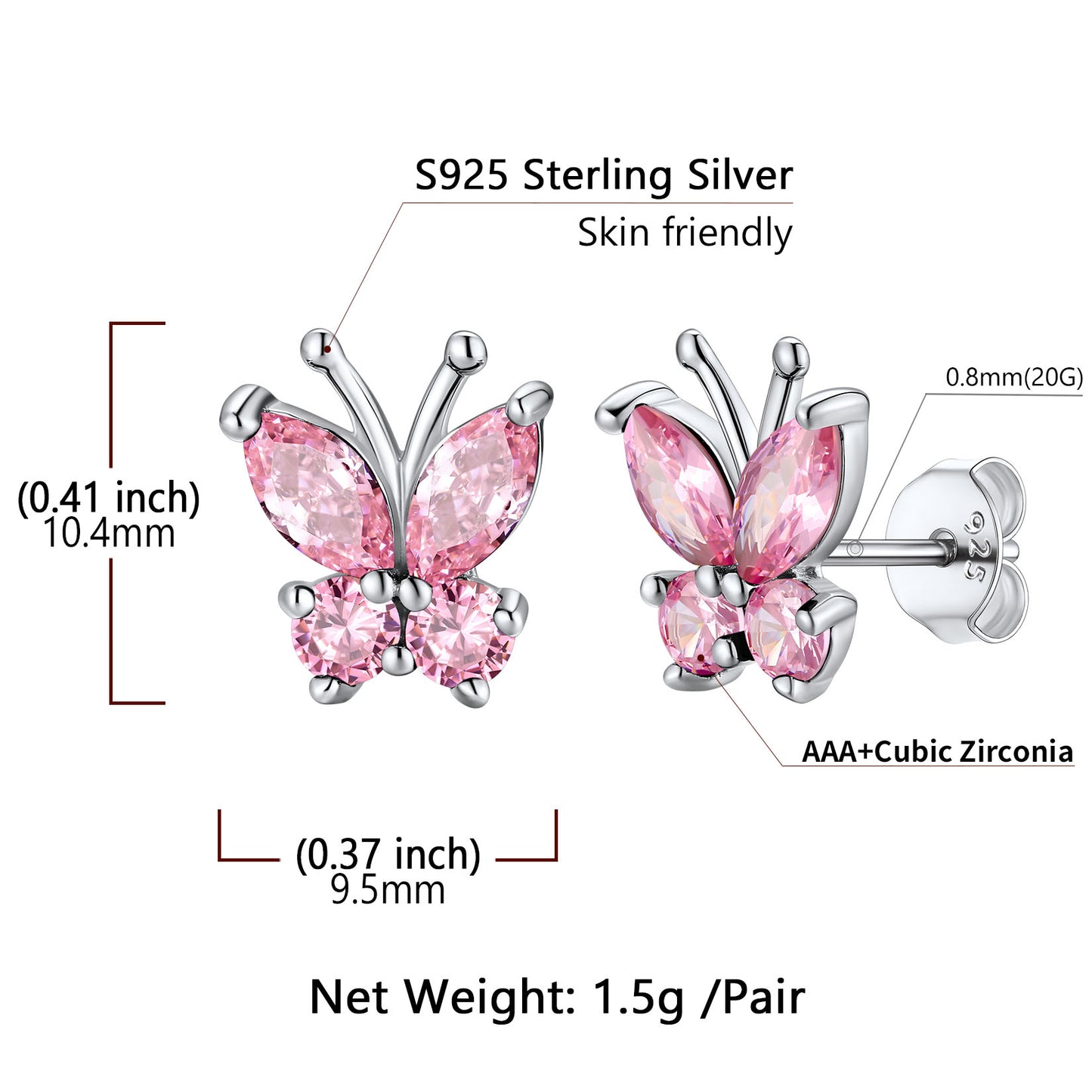 Boucles d'oreilles papillon en argent sterling avec pierre de naissance pour femme