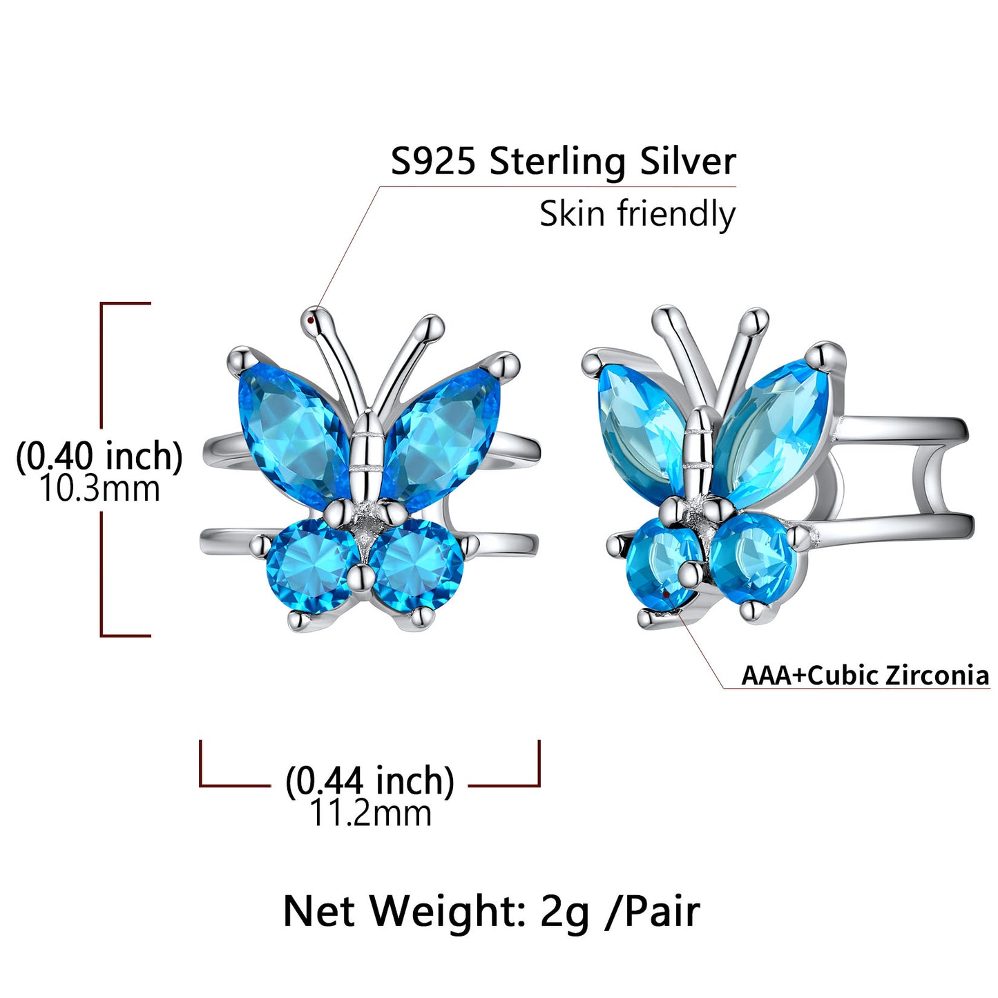 Sterling Silver Butterfly Birthstone Ear Cuff Earrings Non-piercing