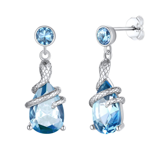 Boucles d'oreilles pendantes en forme de larme en argent sterling avec pierre de naissance et serpent