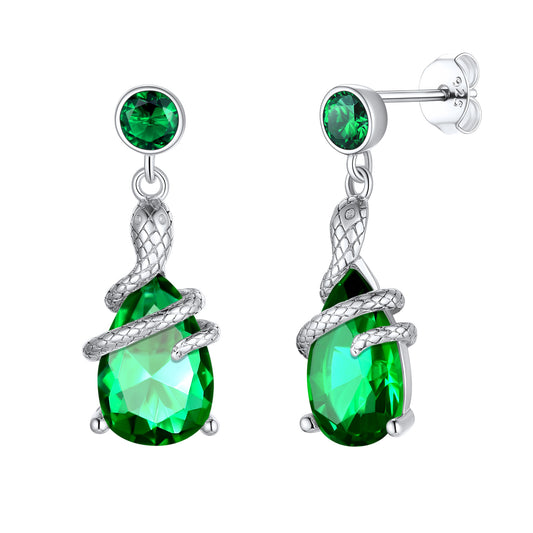 Pendientes colgantes de plata de ley con forma de lágrima y piedra de nacimiento en forma de serpiente