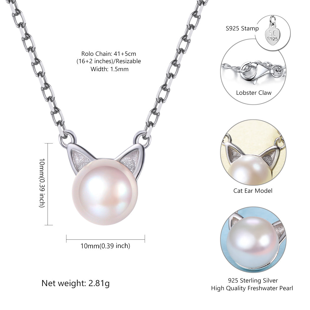 Sterling Silver Cute Cat Pearl Pendant Necklace
