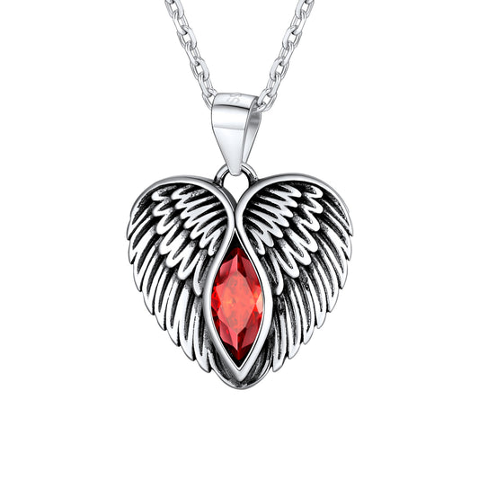 925 Sterling Silver Angel Wing Heart Birthstone Necklace