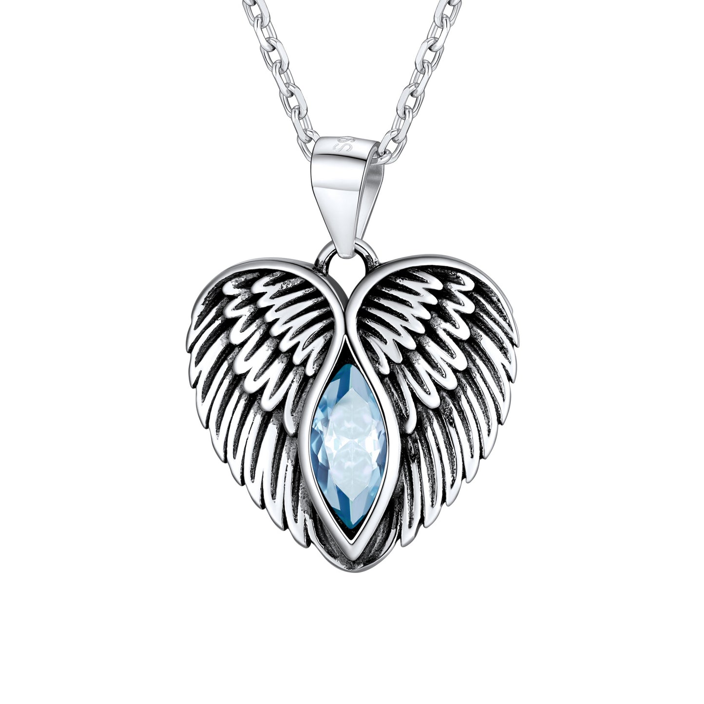 Sterling Silver Guardian Angel Wing Heart Necklace With Birthstone